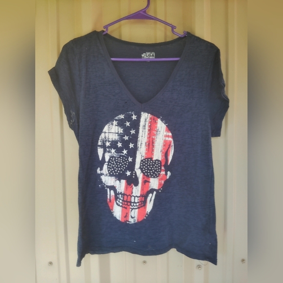Women's Patriotic Sugsr Skull Navy Blue Burnout T Shirt Size Medium July 4th - Picture 2 of 3